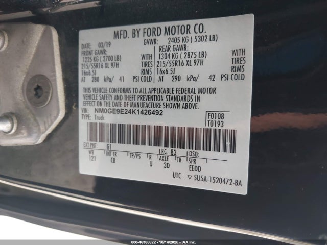 Продаж на аукціоні авто 2019 Ford Transit Connect Xl, vin: NM0GE9E24K1426492, номер лоту: 46368822