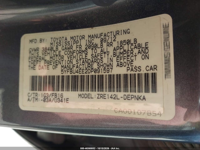 46368852 :رقم المزاد ، 5YFBU4EE2DP091597 vin ، 2013 Toyota Corolla Le مزاد بيع