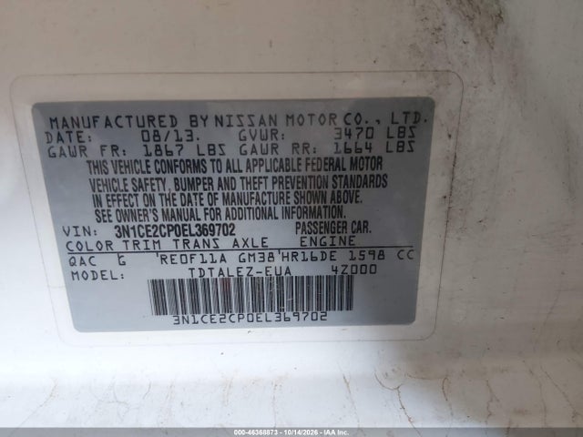 3N1CE2CP0EL369702 Nissan Versa Note Sv