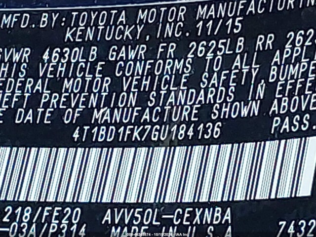 46368874 :رقم المزاد ، 4T1BD1FK7GU184136 vin ، 2016 Toyota Camry Hybrid Le مزاد بيع