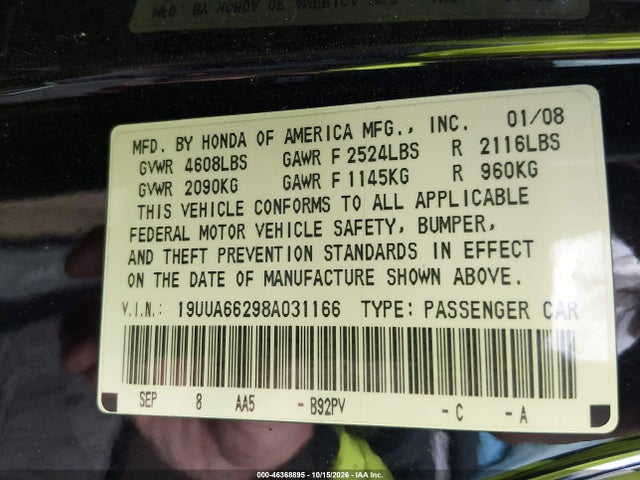 Продаж на аукціоні авто 2008 Acura Tl 3.2, vin: 19UUA66298A031166, номер лоту: 46368895