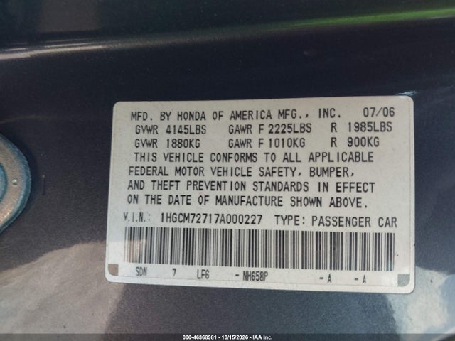 Aukcja sprzedaży 2007 Honda Accord 2.4 Ex, vin: 1HGCM72717A000227, numer aukcji: 46368981