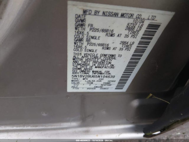 Продаж на аукціоні авто 2005 Nissan Quest 3.5, vin: 5N1BV28U65N104639, номер лоту: 46369023