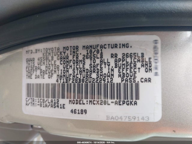 Aukcja sprzedaży 2002 Toyota Avalon Xls, vin: 4T1BF28B02U222912, numer aukcji: 46369074