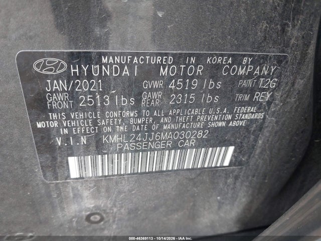 Продаж на аукціоні авто 2021 Hyundai Sonata Blue, vin: KMHL24JJ6MA030282, номер лоту: 46369113