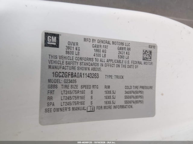 Aukcja sprzedaży 2010 Chevrolet Express 2500 Work Van, vin: 1GCZGFBA0A1143263, numer aukcji: 46369125