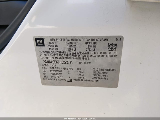 Aukcja sprzedaży 2017 Chevrolet Equinox Lt, vin: 2GNALCEK6H6222771, numer aukcji: 46369138