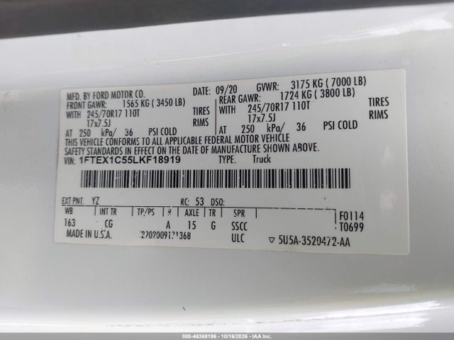 Aukcja sprzedaży 2020 Ford F-150 Xl, vin: 1FTEX1C55LKF18919, numer aukcji: 46369196