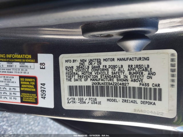 Aukcja sprzedaży 2010 Toyota Corolla Le, vin: 1NXBU4EE9AZ204827, numer aukcji: 46369195