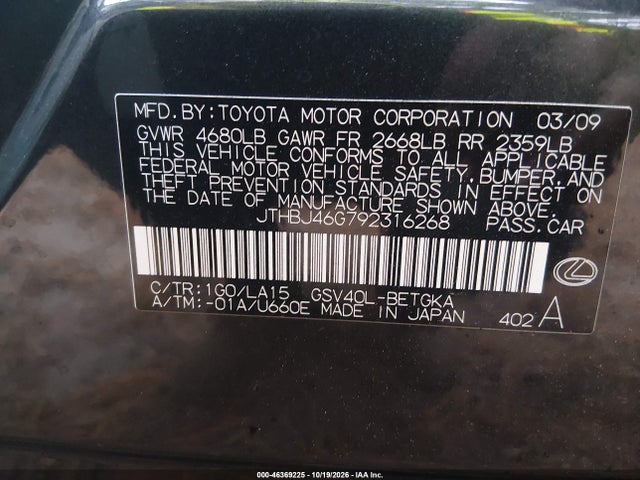 Продажа на аукционе авто 2009 Lexus Es 350, vin: JTHBJ46G792316268, номер лота: 46369225