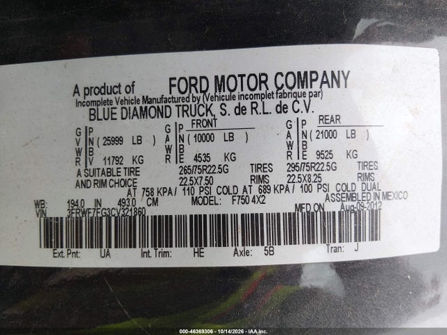 Продаж на аукціоні авто 2012 Ford F-750 Xl/xlt, vin: 3FRWF7FG3CV321860, номер лоту: 46369306