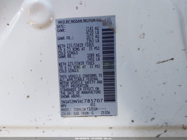 2019 Nissan Rogue Sl მანქანა იყიდება აუქციონზე, vin: 5N1AT2MV5KC785707, აუქციონის ნომერი: 46369330