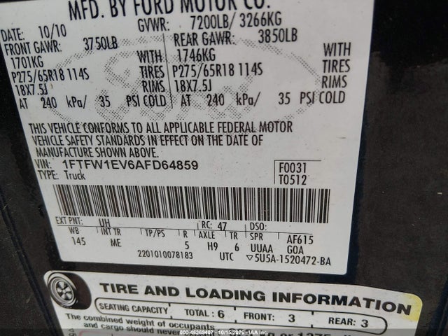 Продаж на аукціоні авто 2010 Ford F-150 Fx4/harley-davidson/king Ranch/lariat/platinum/xl/xlt, vin: 1FTFW1EV6AFD64859, номер лоту: 46369407