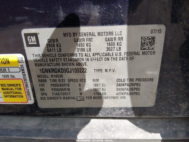 2016 Chevrolet Traverse 1lt მანქანა იყიდება აუქციონზე, vin: 1GNKRGKD9GJ109222, აუქციონის ნომერი: 46369439