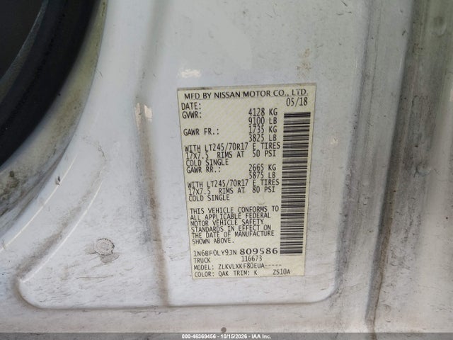 46369456 :رقم المزاد ، 1N6BF0LY9JN809586 vin ، 2018 Nissan Nv Cargo Nv2500 Hd Sv V6 مزاد بيع