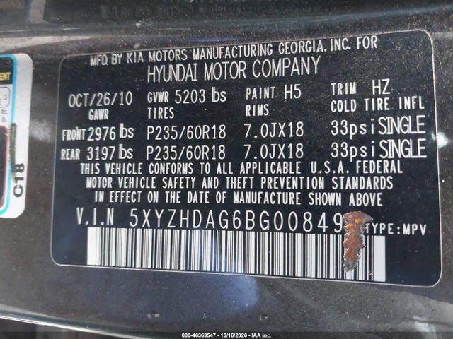 46369547 :رقم المزاد ، 5XYZHDAG6BG008491 vin ، 2011 Hyundai Santa Fe Se مزاد بيع