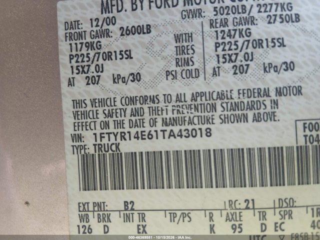 46369581 :رقم المزاد ، 1FTYR14E61TA43018 vin ، 2001 Ford Ranger Edge/xlt مزاد بيع