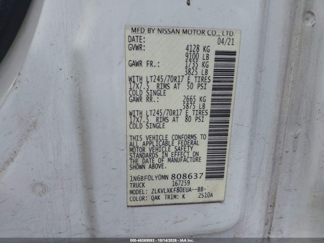 46369593 :رقم المزاد ، 1N6BF0LY0MN808637 vin ، 2021 Nissan Nv Cargo Nv2500 Hd Sv High Roof V6 مزاد بيع