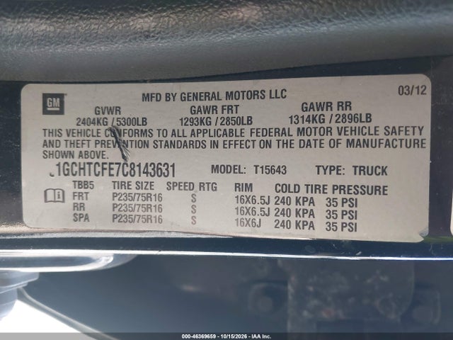46369659 :رقم المزاد ، 1GCHTCFE7C8143631 vin ، 2012 Chevrolet Colorado 1lt مزاد بيع
