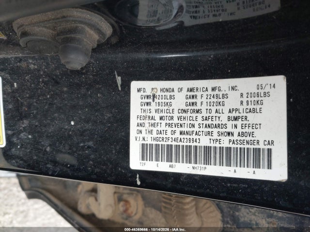 2014 Honda Accord Lx მანქანა იყიდება აუქციონზე, vin: 1HGCR2F34EA239943, აუქციონის ნომერი: 46369666