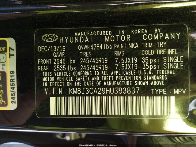 Продажа на аукционе авто 2017 Hyundai Tucson Limited, vin: KM8J3CA29HU383837, номер лота: 46369675