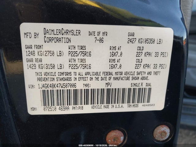 2007 Jeep Liberty Sport მანქანა იყიდება აუქციონზე, vin: 1J4GK48K47W507006, აუქციონის ნომერი: 46369698
