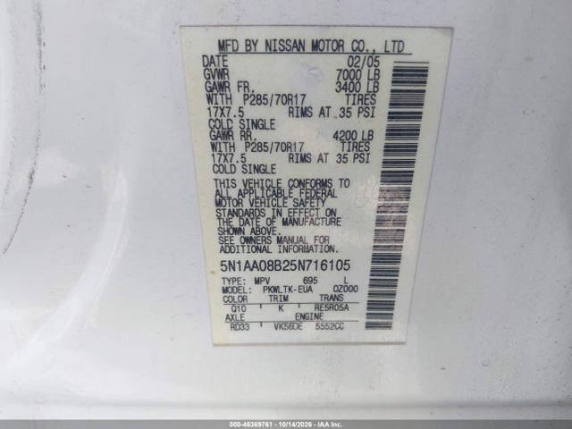 Продажа на аукционе авто 2005 Nissan Armada Se Off-road, vin: 5N1AA08B25N716105, номер лота: 46369761