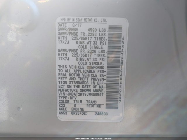 Aukcja sprzedaży 2018 Nissan Rogue Sv, vin: JN8AT2MT9JW450597, numer aukcji: 46369889