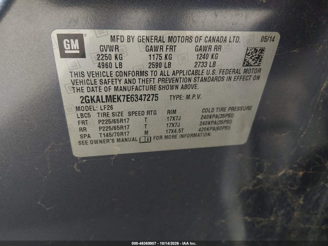 46369907 :رقم المزاد ، 2GKALMEK7E6347275 vin ، 2014 Gmc Terrain Sle-1 مزاد بيع