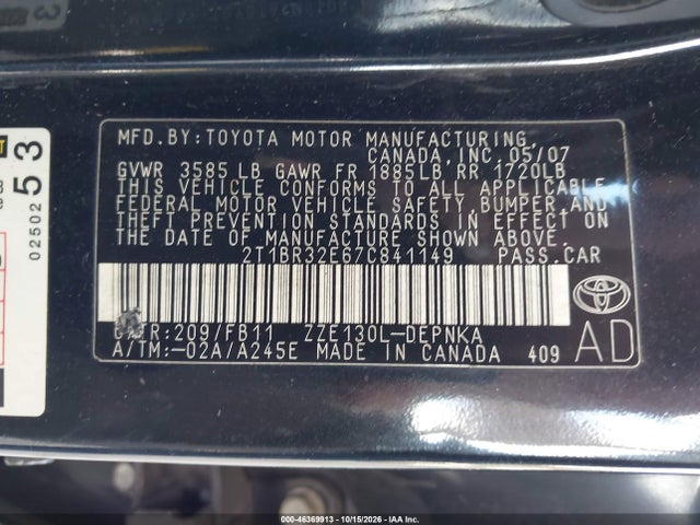 Продаж на аукціоні авто 2007 Toyota Corolla Le, vin: 2T1BR32E67C841149, номер лоту: 46369913