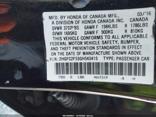 Продаж на аукціоні авто 2016 Honda Civic Lx, vin: 2HGFC2F53GH543415, номер лоту: 46369921