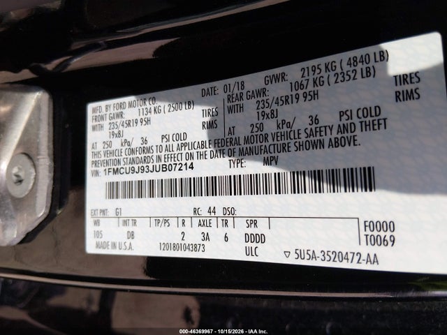2018 Ford Escape Titanium მანქანა იყიდება აუქციონზე, vin: 1FMCU9J93JUB07214, აუქციონის ნომერი: 46369967