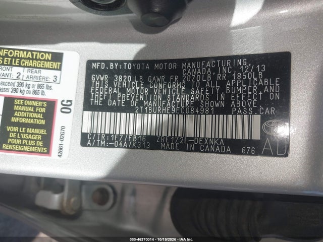 Aukcja sprzedaży 2014 Toyota Corolla Le, vin: 2T1BURHE9EC084981, numer aukcji: 46370014