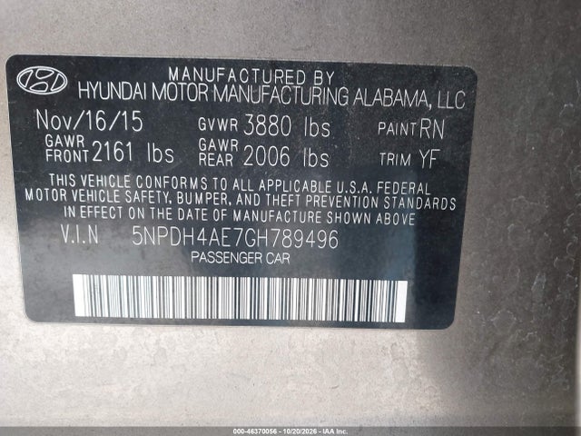 Aukcja sprzedaży 2016 Hyundai Elantra Se, vin: 5NPDH4AE7GH789496, numer aukcji: 46370056