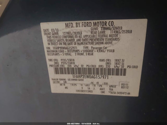 Продажа на аукционе авто 2010 Ford Taurus Sel, vin: 1FAHP2EW0AG157971, номер лота: 46370064