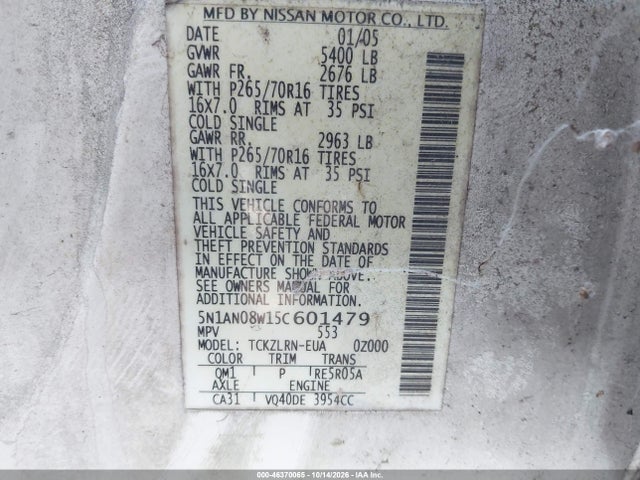 46370065 :رقم المزاد ، 5N1AN08W15C601479 vin ، 2005 Nissan Xterra S مزاد بيع