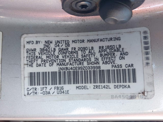 46370066 :رقم المزاد ، 1NXBU40E99Z033998 vin ، 2009 Toyota Corolla Le مزاد بيع