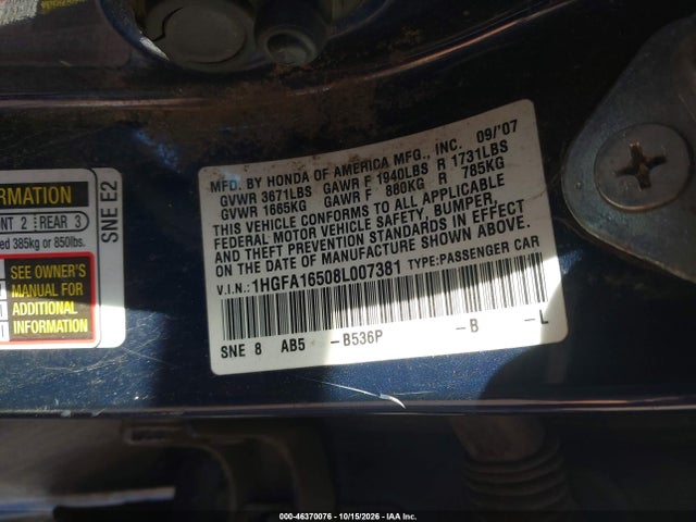 46370076 :رقم المزاد ، 1HGFA16508L007381 vin ، 2008 Honda Civic Lx مزاد بيع