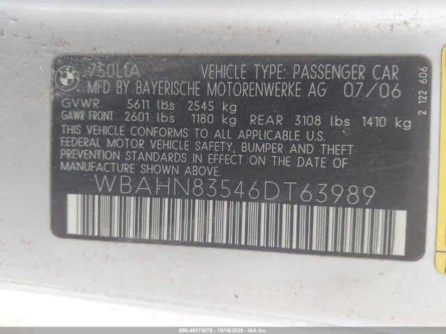46370078 :رقم المزاد ، WBAHN83546DT63989 vin ، 2006 Bmw 750li مزاد بيع