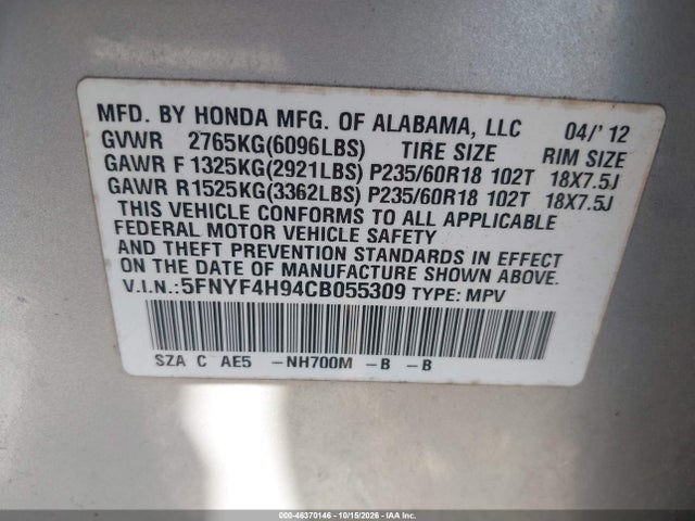 Продаж на аукціоні авто 2012 Honda Pilot Touring, vin: 5FNYF4H94CB055309, номер лоту: 46370146