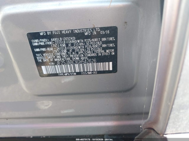 46370178 :رقم المزاد ، JF2SJABCXGH542626 vin ، 2016 Subaru Forester 2.5i مزاد بيع