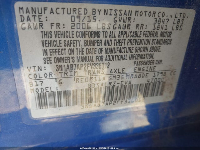 Aukcja sprzedaży 2015 Nissan Sentra Sr, vin: 3N1AB7AP2FY336012, numer aukcji: 46370216