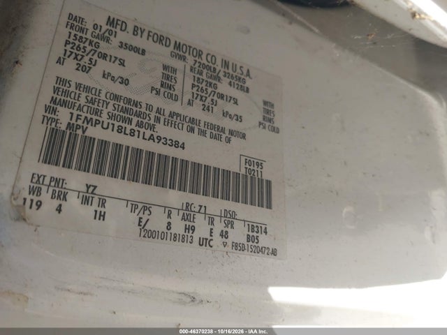 46370238 :رقم المزاد ، 1FMPU18L81LA93384 vin ، 2001 Ford Expedition Eddie Bauer مزاد بيع