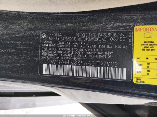 Продаж на аукціоні авто 2006 Bmw 750li, vin: WBAHN83566DT27902, номер лоту: 46370243