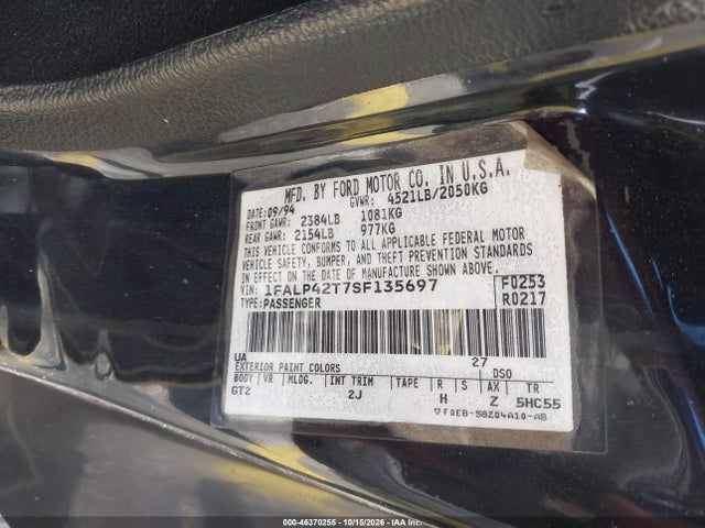 46370255 :رقم المزاد ، 1FALP42T7SF135697 vin ، 1995 Ford Mustang Gt/gts مزاد بيع