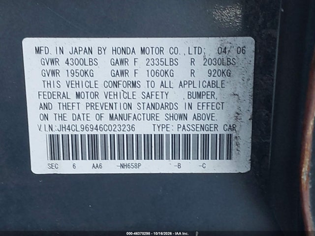 Aukcja sprzedaży 2006 Acura Tsx, vin: JH4CL96946C023236, numer aukcji: 46370298