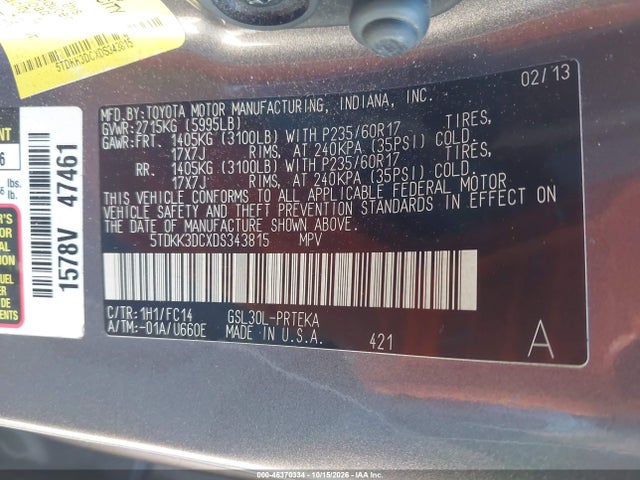 Продаж на аукціоні авто 2013 Toyota Sienna Le V6 8 Passenger, vin: 5TDKK3DCXDS343815, номер лоту: 46370334