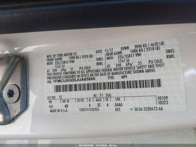 Продажа на аукционе авто 2018 Ford Escape Se, vin: 1FMCU0GD0JUA85860, номер лота: 46370366