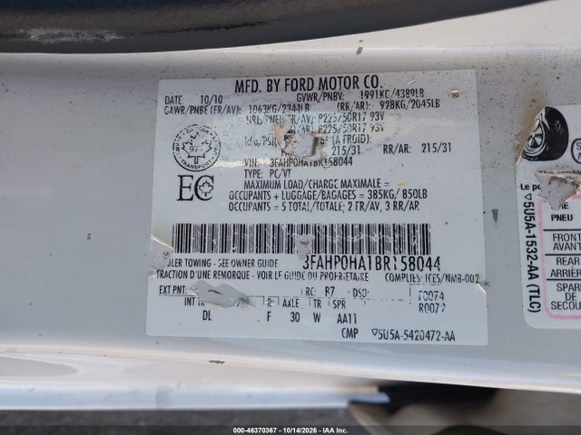 Продаж на аукціоні авто 2011 Ford Fusion Se, vin: 3FAHP0HA1BR158044, номер лоту: 46370367