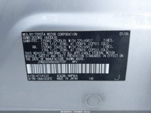 46370411 :رقم المزاد ، JTMZD33V865007939 vin ، 2006 Toyota Rav4 مزاد بيع